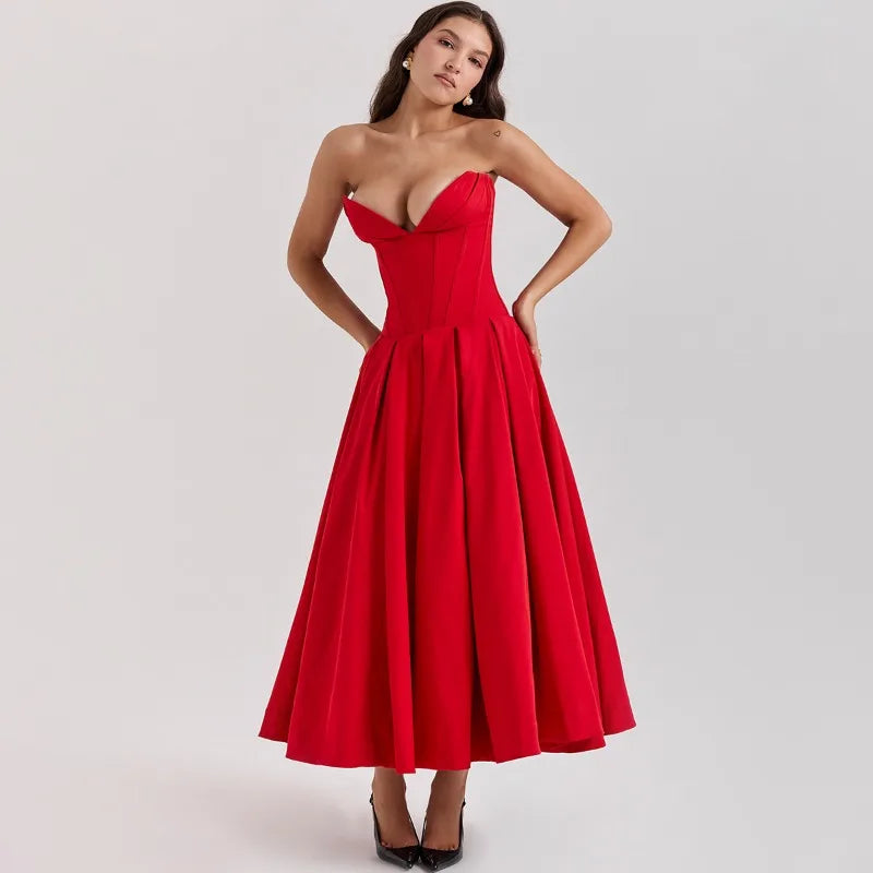 Elegant Backless V-neck High Waist Solid Color Strapless Sleeveless Long Dress