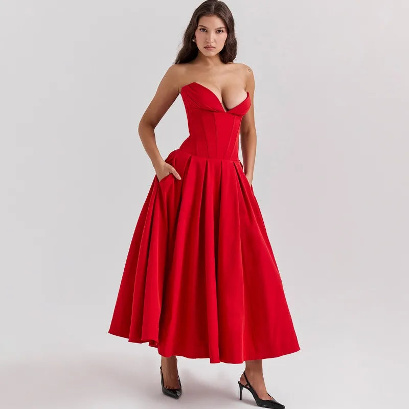 Elegant Backless V-neck High Waist Solid Color Strapless Sleeveless Long Dress