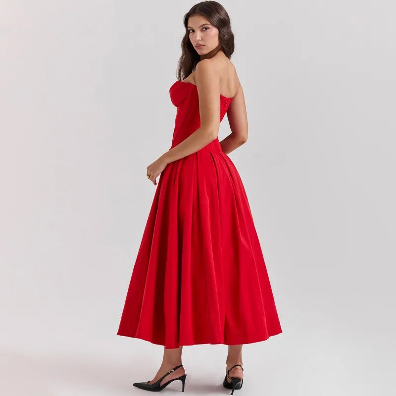 Elegant Backless V-neck High Waist Solid Color Strapless Sleeveless Long Dress