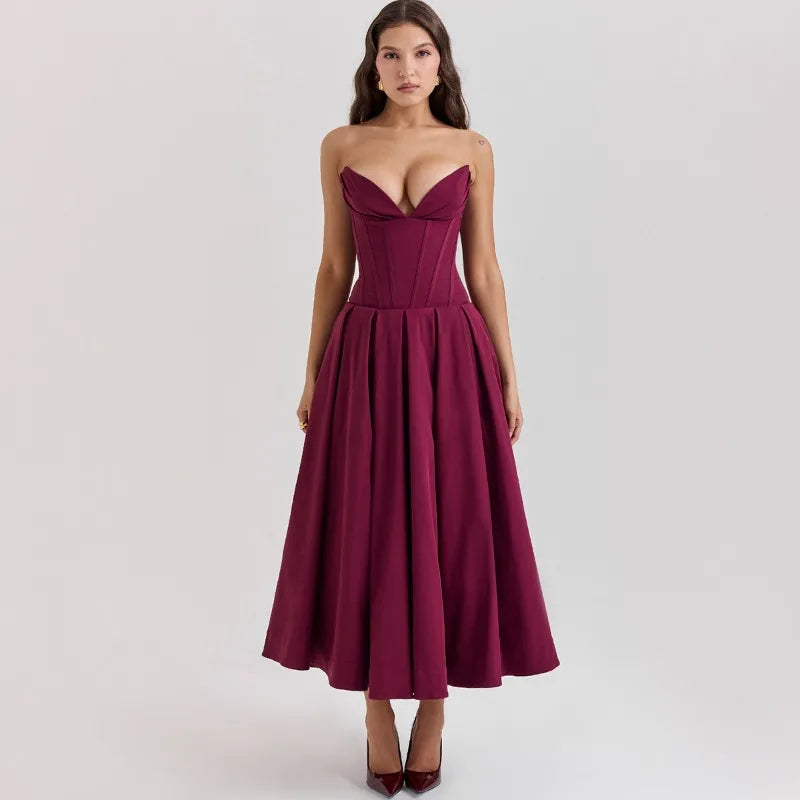 Elegant Backless V-neck High Waist Solid Color Strapless Sleeveless Long Dress