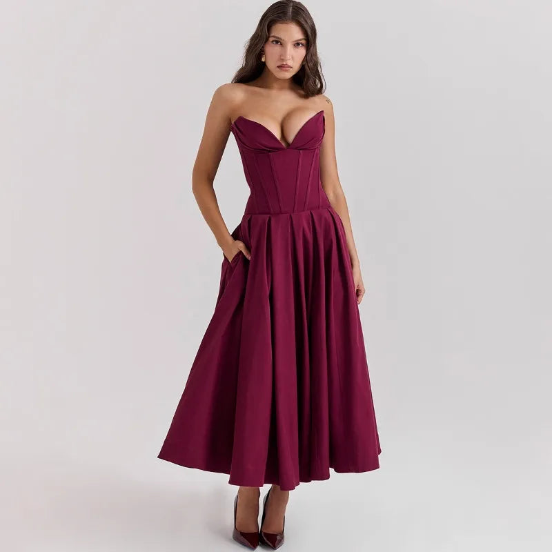 Elegant Backless V-neck High Waist Solid Color Strapless Sleeveless Long Dress