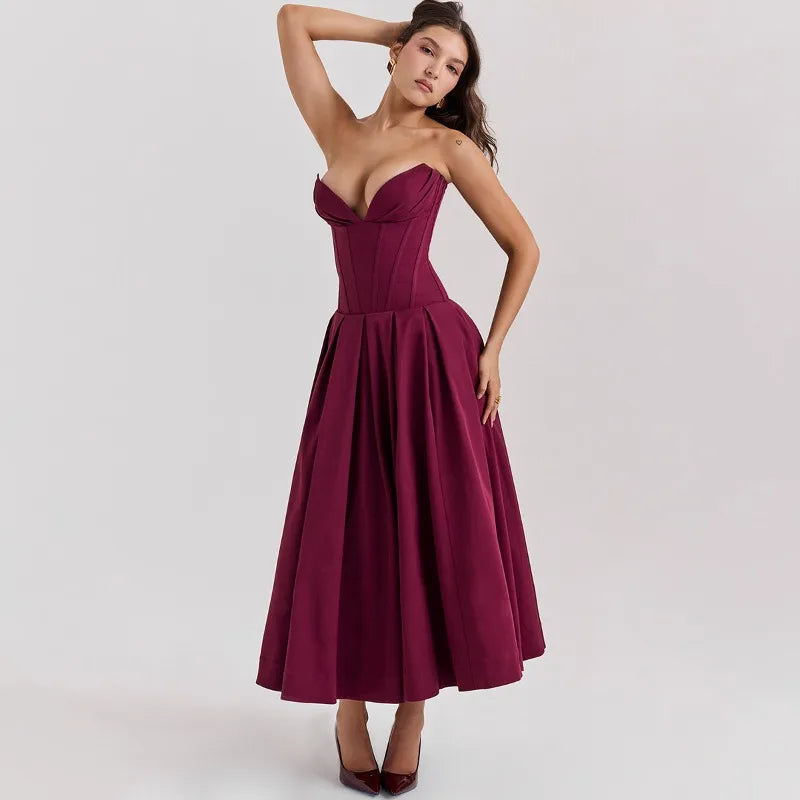 Elegant Backless V-neck High Waist Solid Color Strapless Sleeveless Long Dress