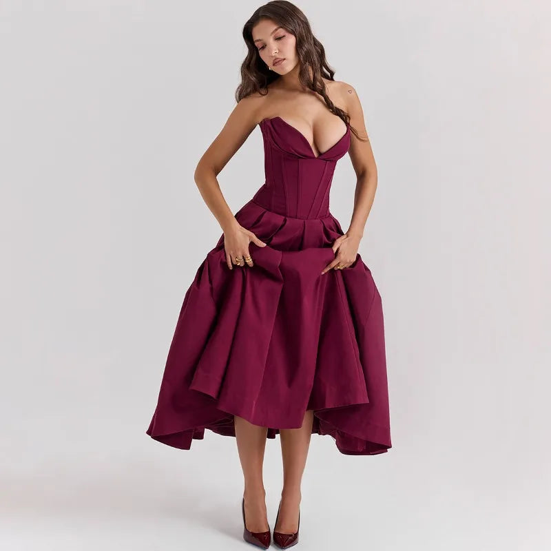 Elegant Backless V-neck High Waist Solid Color Strapless Sleeveless Long Dress