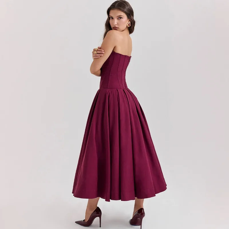 Elegant Backless V-neck High Waist Solid Color Strapless Sleeveless Long Dress