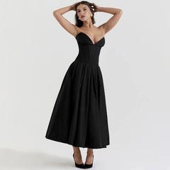 Elegant Backless V-neck High Waist Solid Color Strapless Sleeveless Long Dress
