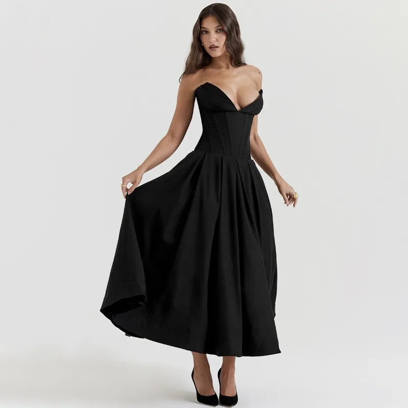Elegant Backless V-neck High Waist Solid Color Strapless Sleeveless Long Dress
