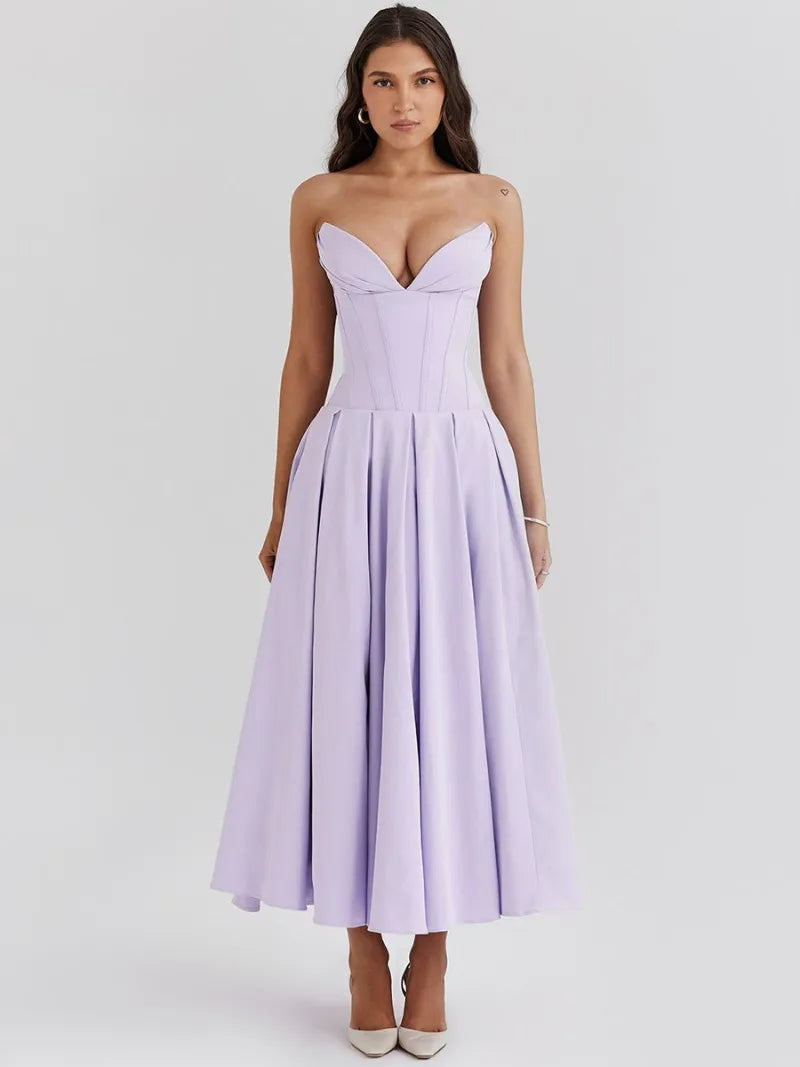 Elegant Backless V-neck High Waist Solid Color Strapless Sleeveless Long Dress