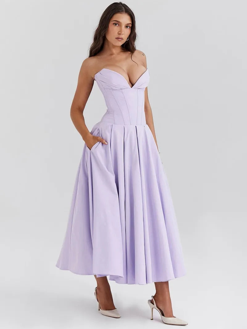 Elegant Backless V-neck High Waist Solid Color Strapless Sleeveless Long Dress