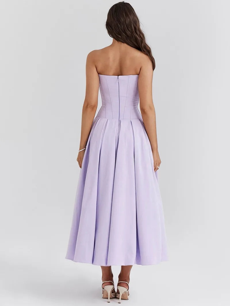 Elegant Backless V-neck High Waist Solid Color Strapless Sleeveless Long Dress
