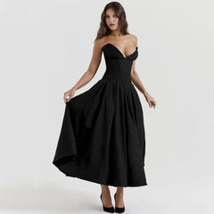 Elegant Backless V-neck High Waist Solid Color Strapless Sleeveless Long Dress