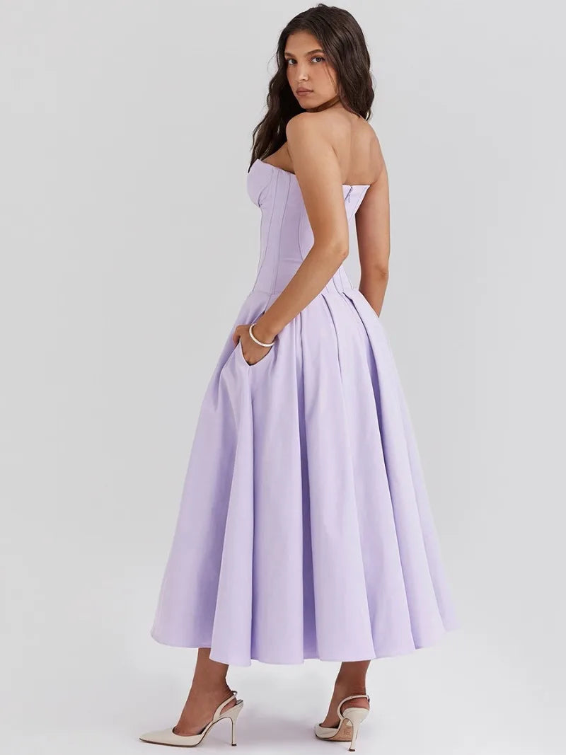 Elegant Backless V-neck High Waist Solid Color Strapless Sleeveless Long Dress