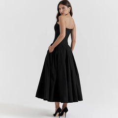 Elegant Backless V-neck High Waist Solid Color Strapless Sleeveless Long Dress