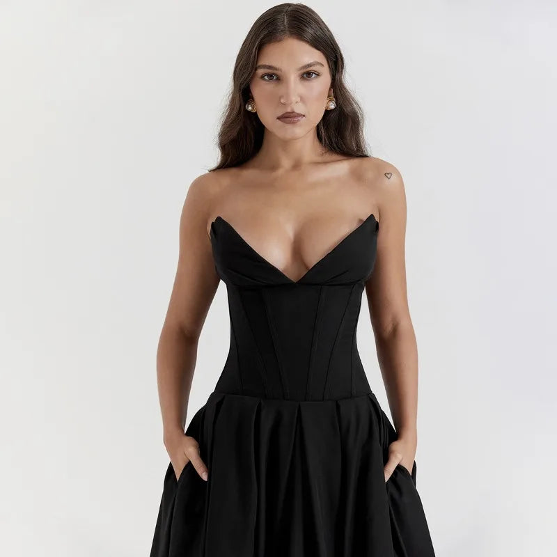 Elegant Backless V-neck High Waist Solid Color Strapless Sleeveless Long Dress