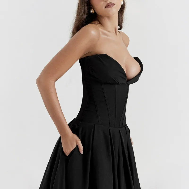 Elegant Backless V-neck High Waist Solid Color Strapless Sleeveless Long Dress