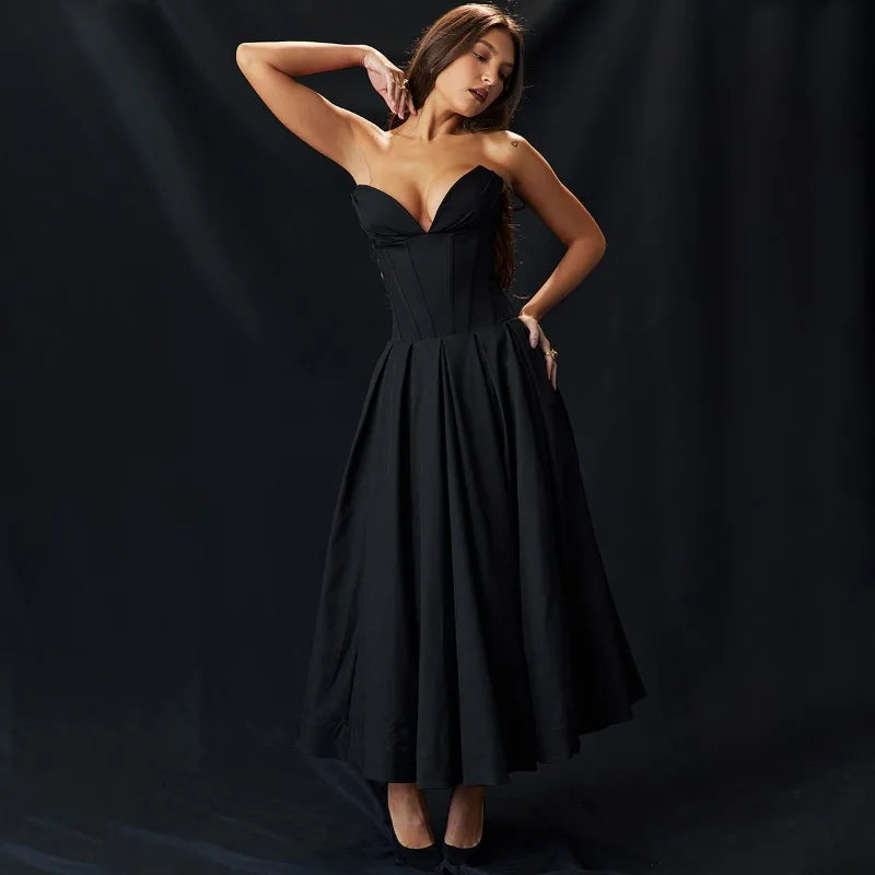 Elegant Backless V-neck High Waist Solid Color Strapless Sleeveless Long Dress