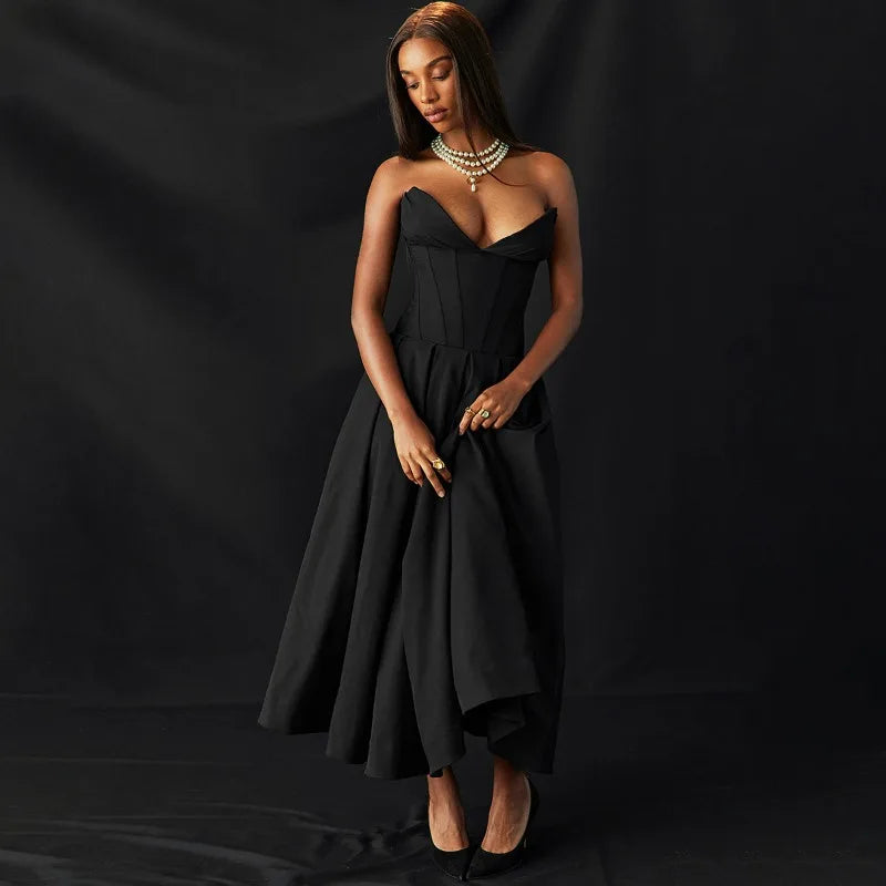 Elegant Backless V-neck High Waist Solid Color Strapless Sleeveless Long Dress