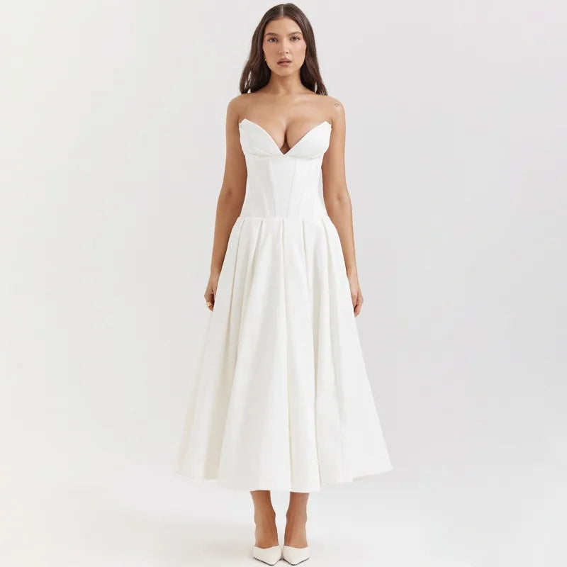 Elegant Backless V-neck High Waist Solid Color Strapless Sleeveless Long Dress
