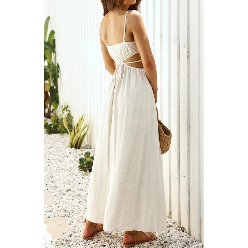 Elegant Backless Waist Hollow Out Casual Maxi Dress