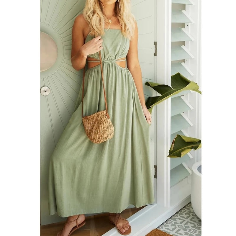 Elegant Backless Waist Hollow Out Casual Maxi Dress