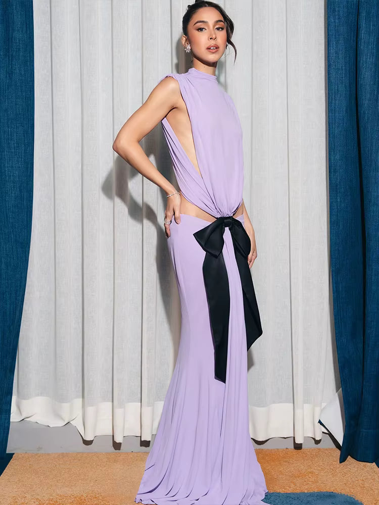 Elegant Backless Waistless High Stretch Black Lace-Up Pleated Sleeveless Maxi Dress
