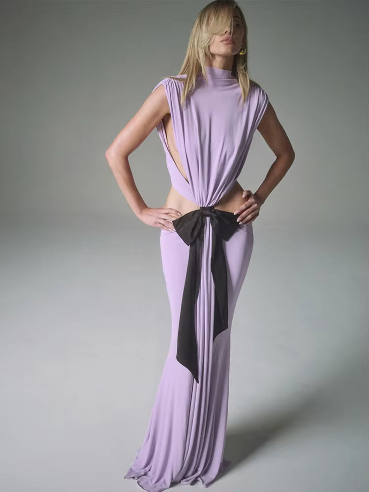 Elegant Backless Waistless High Stretch Black Lace-Up Pleated Sleeveless Maxi Dress