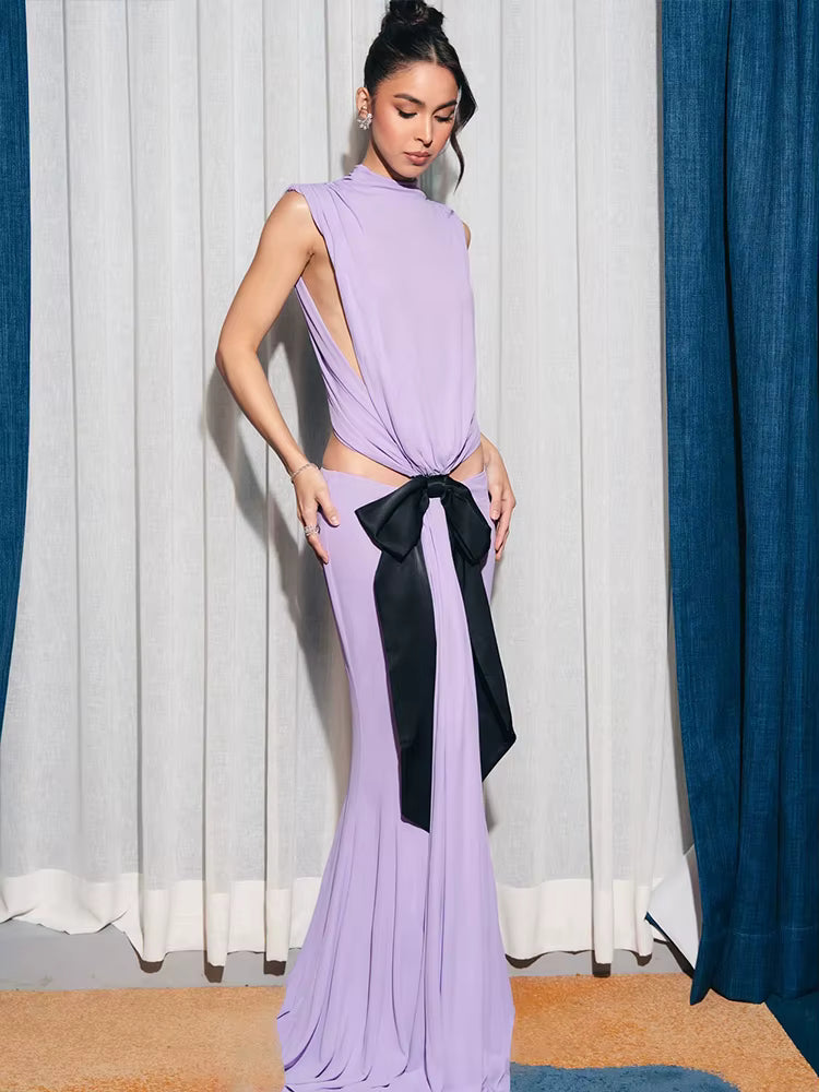 Elegant Backless Waistless High Stretch Black Lace-Up Pleated Sleeveless Maxi Dress