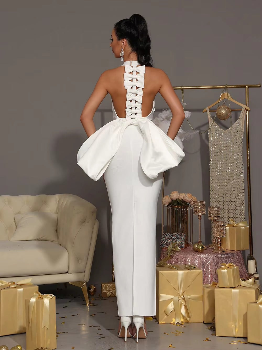 Elegant Bandage Bow Halter Christmas Party Maxi Dress