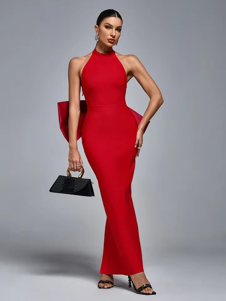 Elegant Bandage Bow Halter Christmas Party Maxi Dress