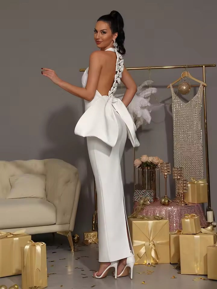 Elegant Bandage Bow Halter Christmas Party Maxi Dress