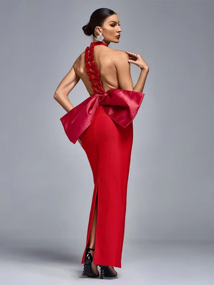 Elegant Bandage Bow Halter Christmas Party Maxi Dress