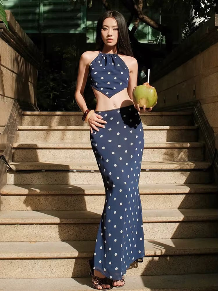 Elegant Bandage Halter Backless Camisole Straight Skirt Polka Dot Print Two Piece Set