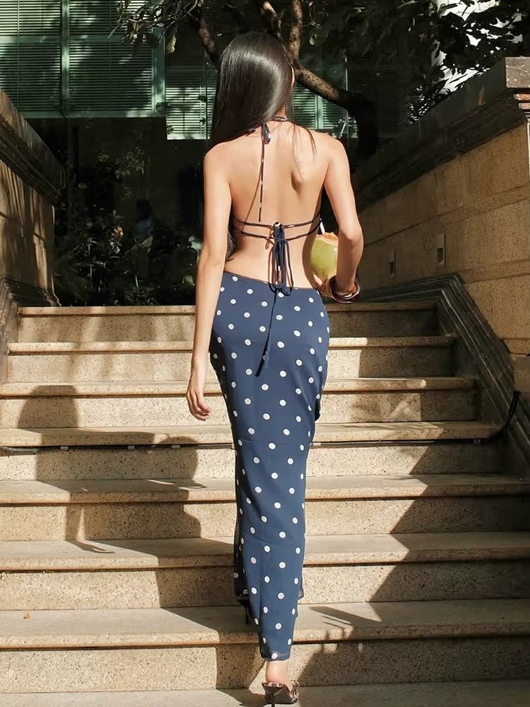 Elegant Bandage Halter Backless Camisole Straight Skirt Polka Dot Print Two Piece Set