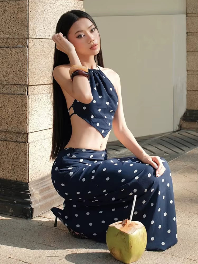Elegant Bandage Halter Backless Camisole Straight Skirt Polka Dot Print Two Piece Set