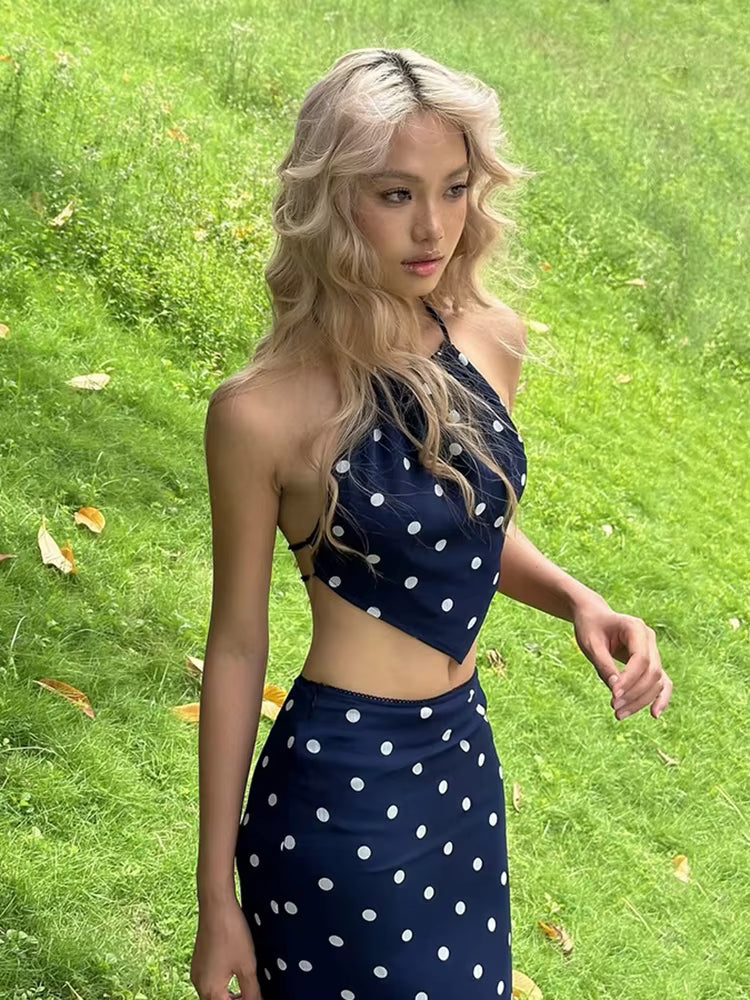 Elegant Bandage Halter Backless Camisole Straight Skirt Polka Dot Print Two Piece Set