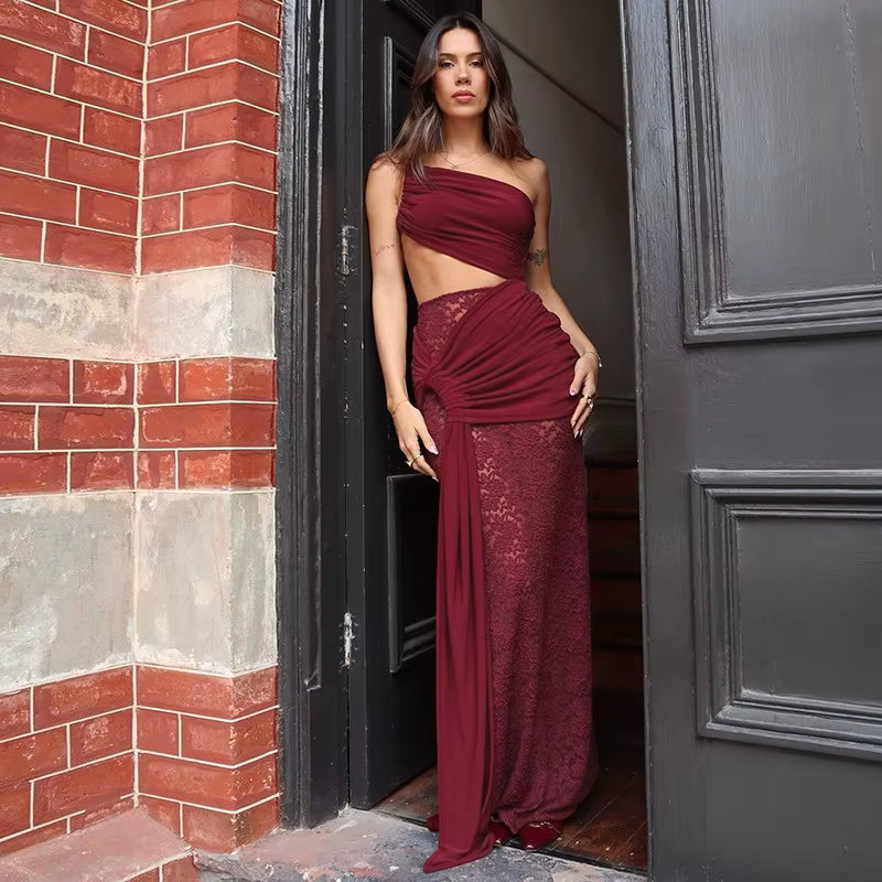 Elegant Bandage Top And Long Skirt Hollow Out 2 Piece Outfits