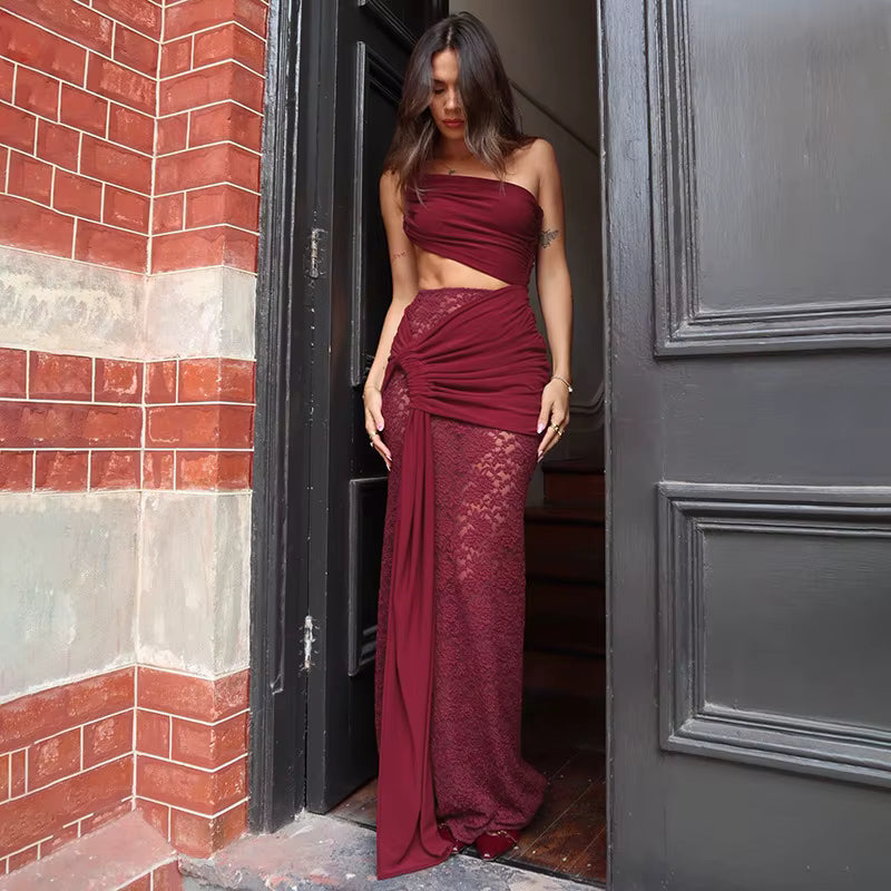 Elegant Bandage Top And Long Skirt Hollow Out 2 Piece Outfits