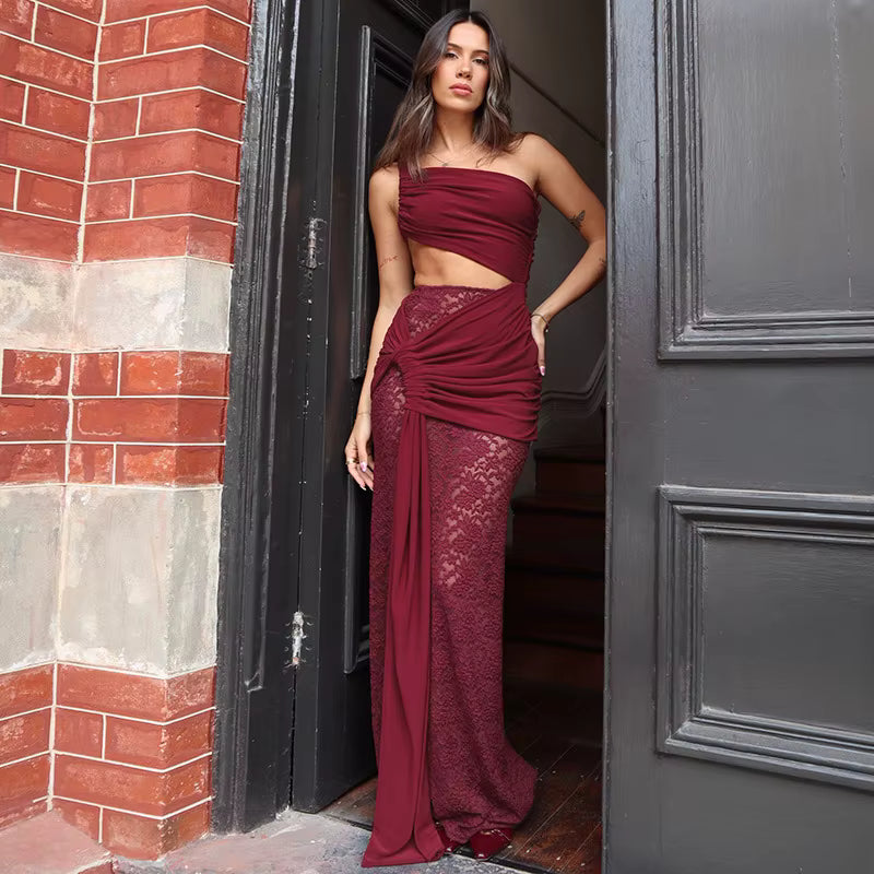 Elegant Bandage Top And Long Skirt Hollow Out 2 Piece Outfits