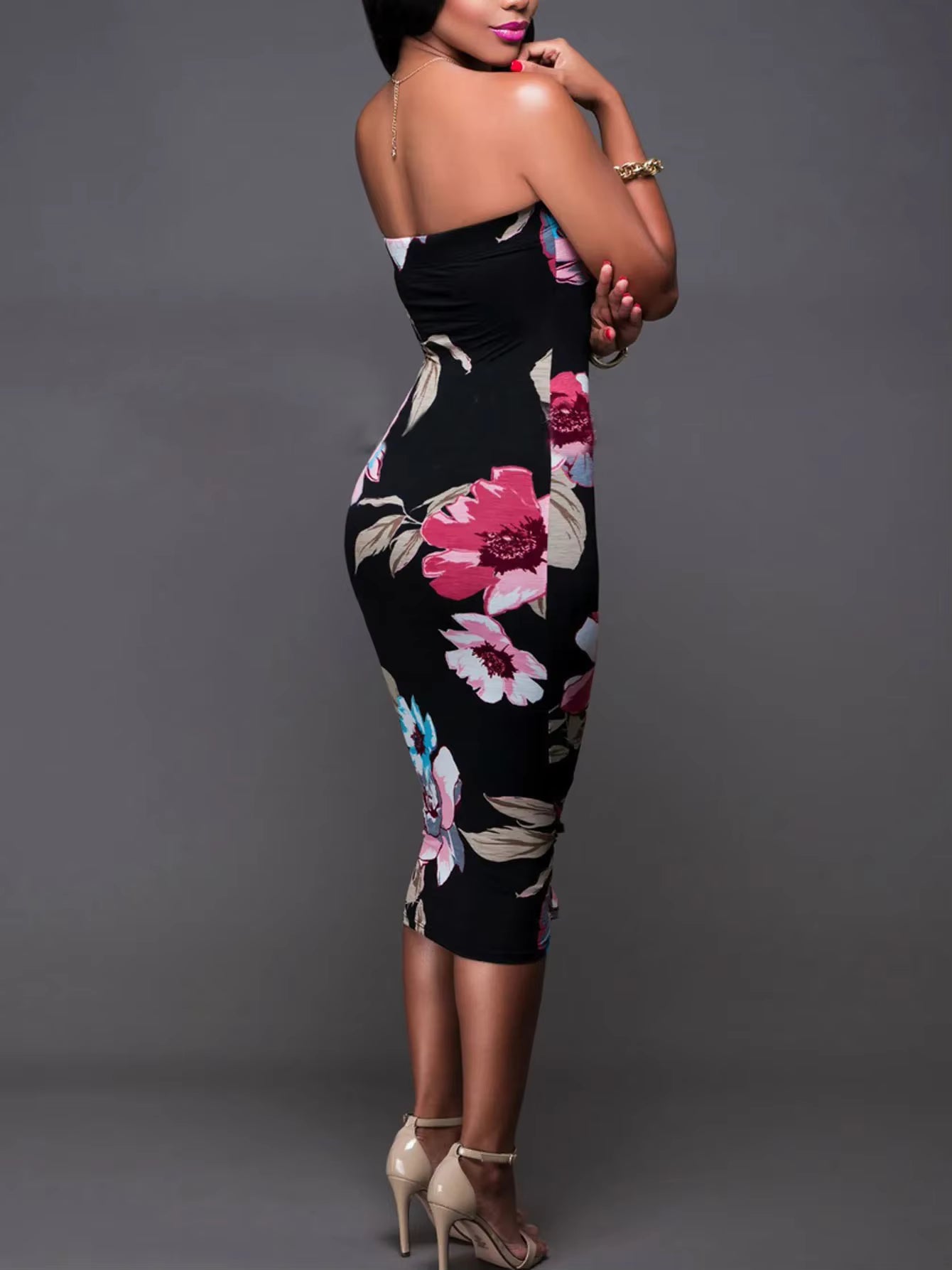 Elegant Beach Style Backless Floral Print Body-Con Midi Dress