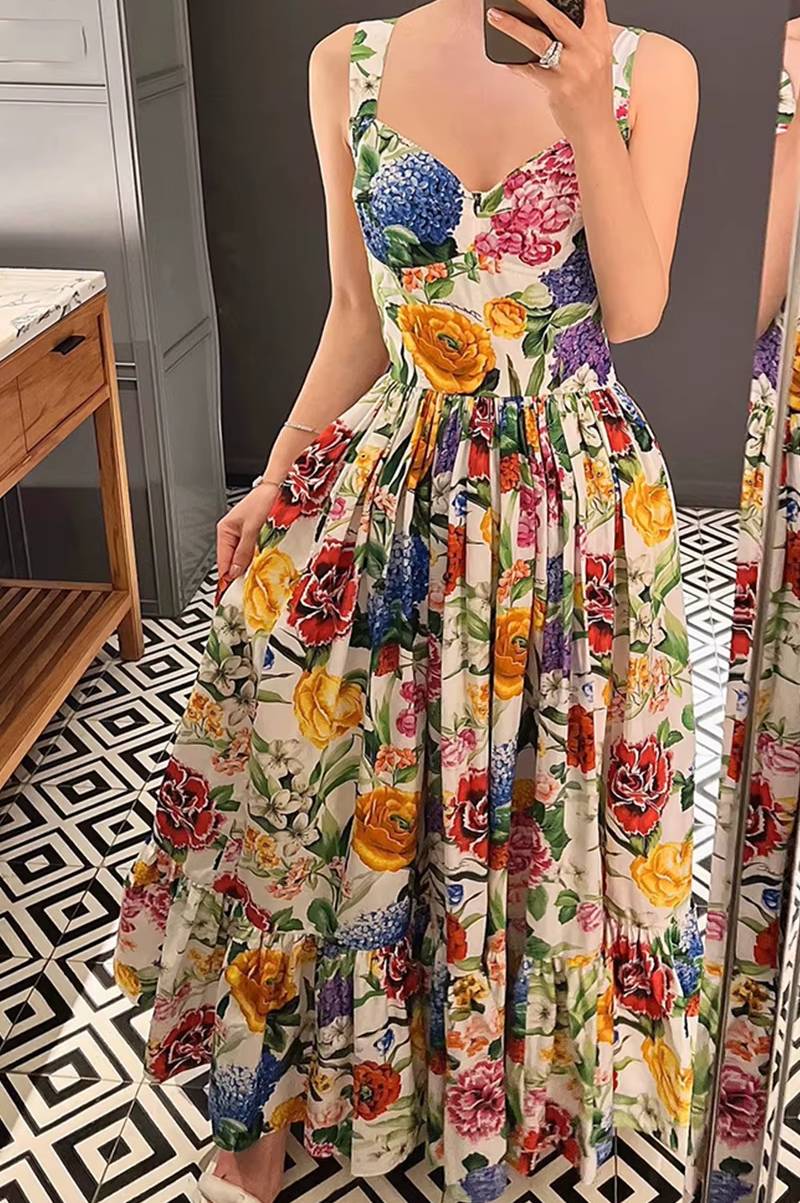 Elegant Beach Style Peach Heart Printed High Waist Maxi Dress