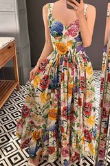 Elegant Beach Style Peach Heart Printed High Waist Maxi Dress