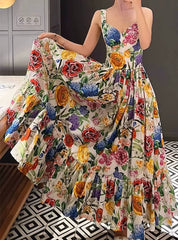 Elegant Beach Style Peach Heart Printed High Waist Maxi Dress