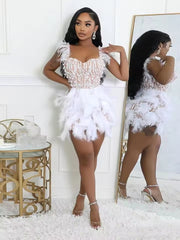Elegant Bead Feather V-neck Waist Cinched Mini Dress