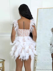 Elegant Bead Feather V-neck Waist Cinched Mini Dress