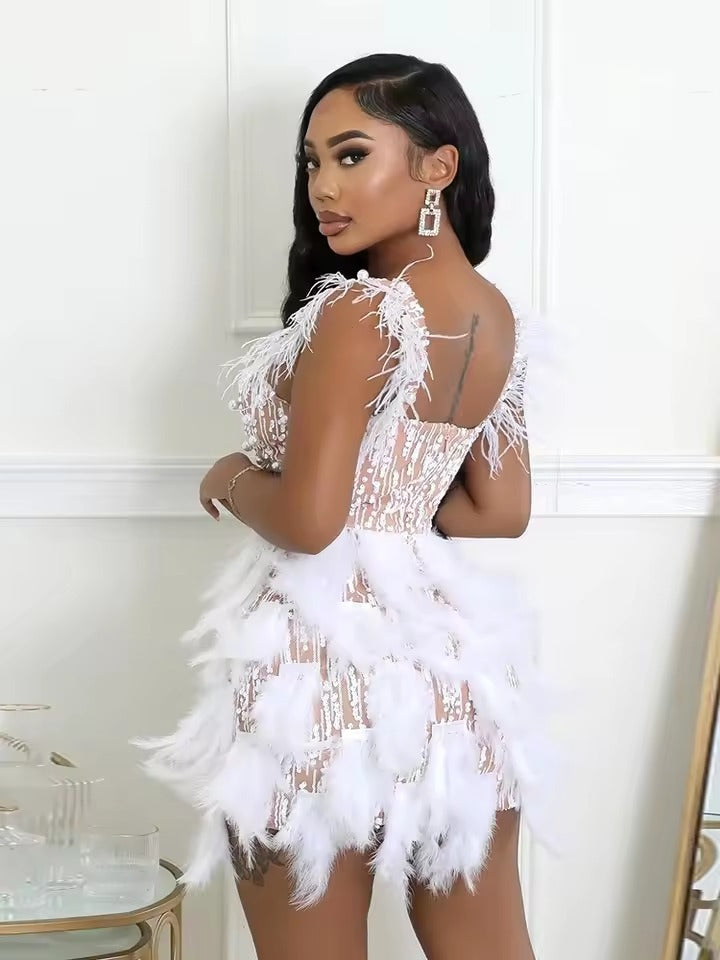 Elegant Bead Feather V-neck Waist Cinched Mini Dress