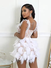 Elegant Bead Feather V-neck Waist Cinched Mini Dress