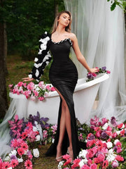 Elegant Beaded Floor-Length One Shoulder Long Sleeve Party Prom Maxi Dress