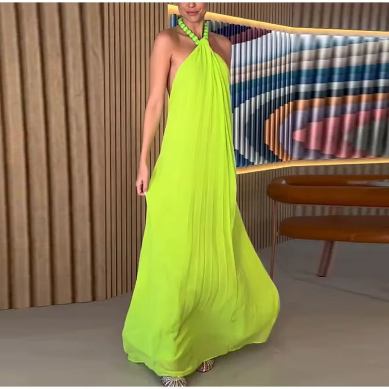 Elegant Beaded Halter Backless Sleeveless Pleated Long Maxi Dress