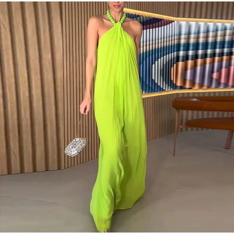 Elegant Beaded Halter Backless Sleeveless Pleated Long Maxi Dress