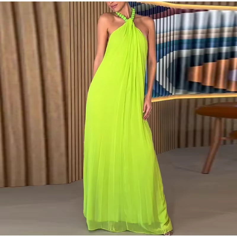 Elegant Beaded Halter Backless Sleeveless Pleated Long Maxi Dress