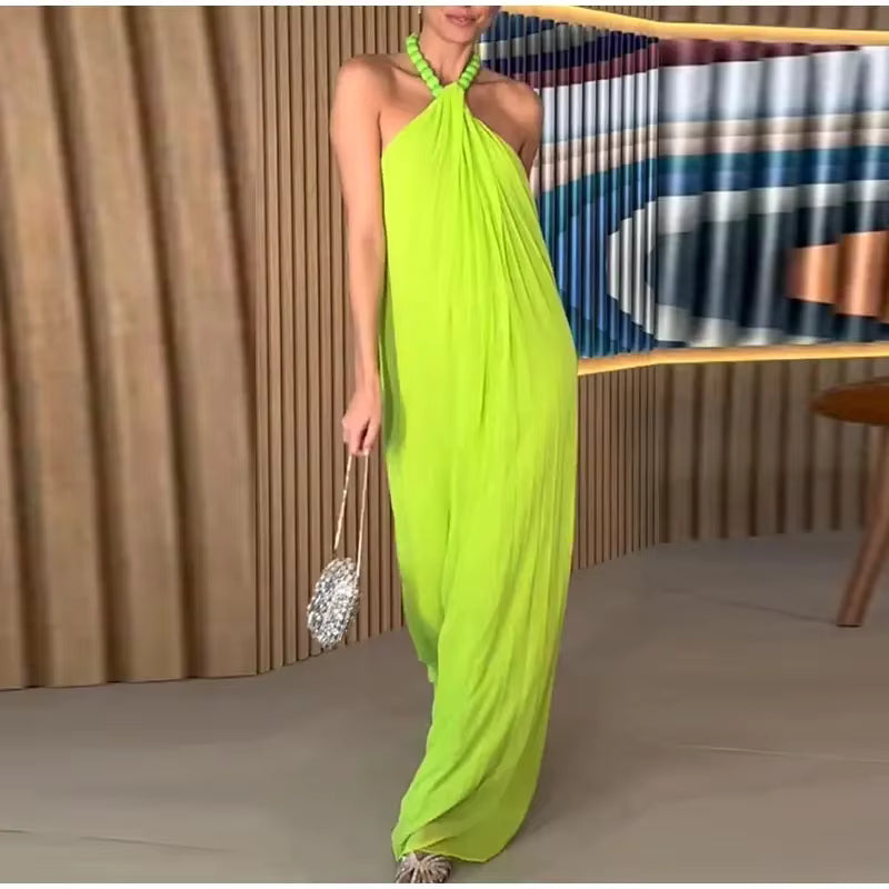 Elegant Beaded Halter Backless Sleeveless Pleated Long Maxi Dress